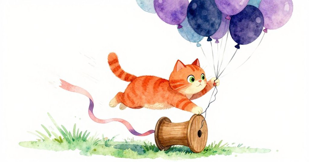 活潑的橘色貓跳躍抓住滾動的木軸,緞帶纏繞間營造出動感瞬間,背景中氣球微微傾斜,充滿驚喜與活力。