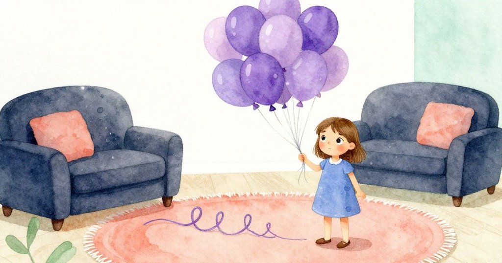 Tara面對前方站立於溫馨房間,氣球穩定懸掛,鬆散緞帶順地毯蜿蜒展開,展現堅定與希望的未來之路。