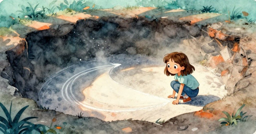 霍莉蹲在戶外石粉坑邊，仔細搜尋神秘曲線，塵埃隨光線飛舞，表情充滿好奇與驚奇