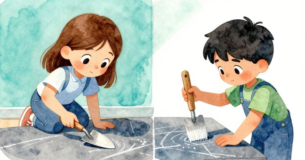 霍莉用鏟子劃過粉筆表面，鄰近區域的賈斯柏同時用刷子細工，兩人專注工作於明亮的粉筆牆前