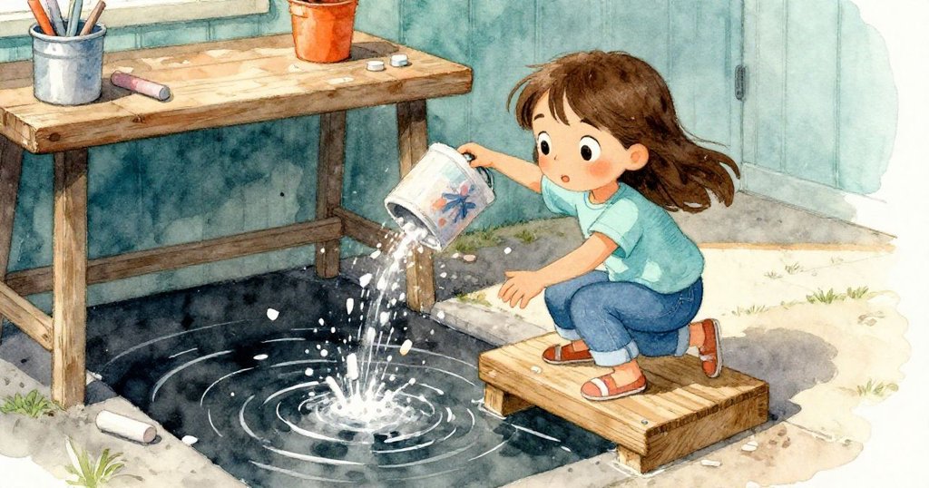 霍莉攀爬木階時意外撞翻儲物箱，粉筆碎片灑落於陰暗工具台下，動作中流露出驚訝與急促