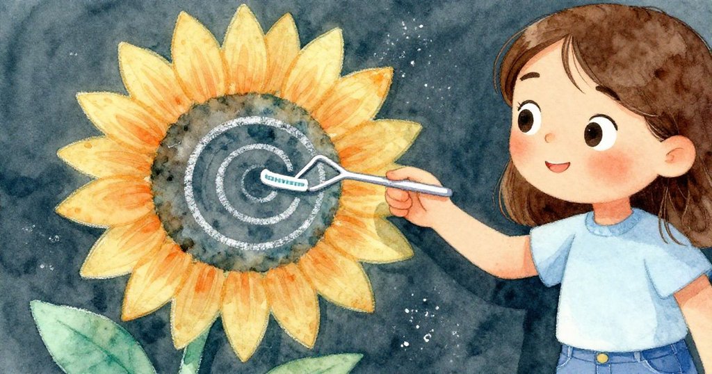 霍莉專注地用牙籤勾勒出濕潤後呈向日葵狀的粉筆螺旋，手法細膩展現探索細節的情感