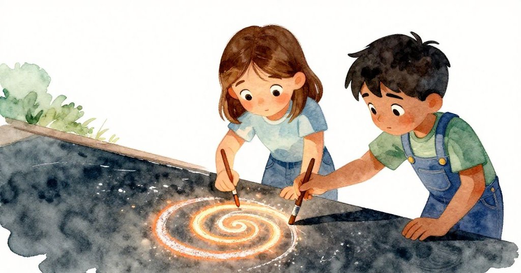 霍莉與賈斯柏在粉筆區共同發現驚人螺旋，賈斯柏下刷操作，霍莉驚喜凝視，背景明亮充滿成就感