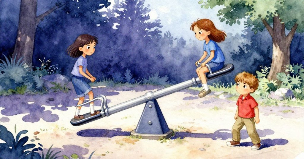 Hazel坐在舊搖搖板高端,Glen在低端,戶外操場環境,情緒輕鬆期待,畫面展現開始冒險過程。