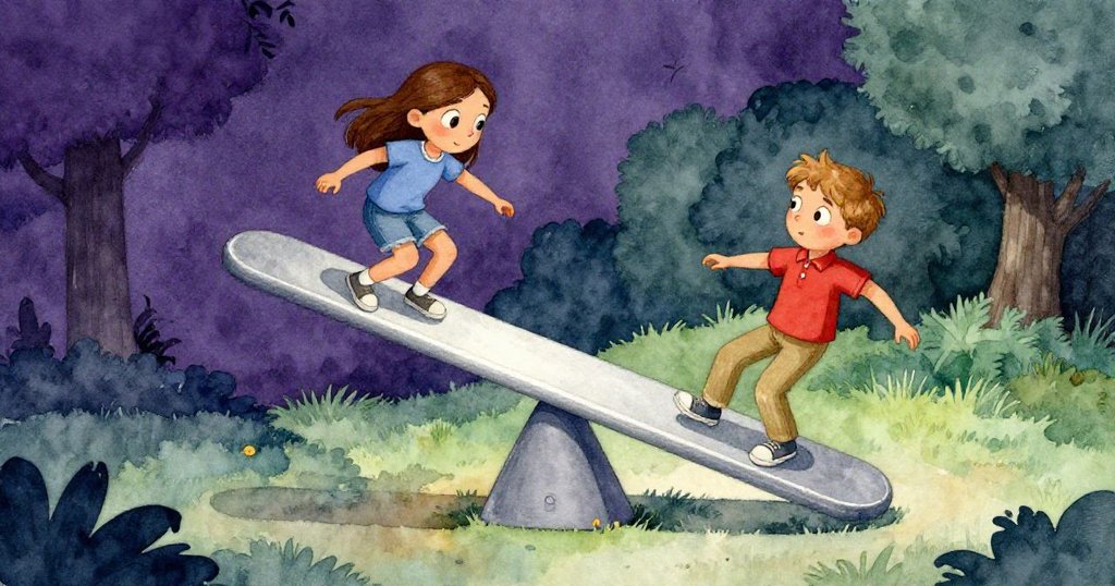 搖搖板以魚眼效果變形,Hazel與Glen動態出現,像是在跳躍般玩耍,背景沙土旋轉,呈現夢幻氣氛。