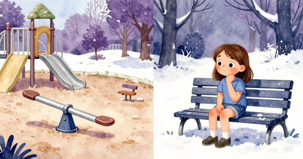 Hazel站在長椅旁,左側現實操場右側回憶中雪景,展現現實與記憶交織,表情深思,氛圍對比明顯。