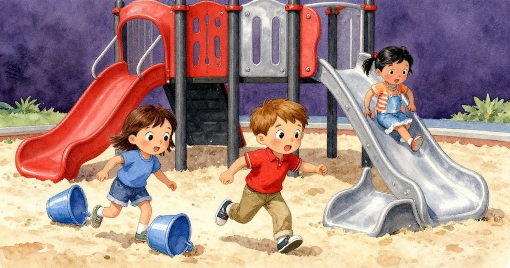 Glen急奔向沙坑撿回翻倒水桶,Hazel從搖搖板滑下追趕,兩名幼童嬉鬧,動態場面呈現緊張與溫暖互助。