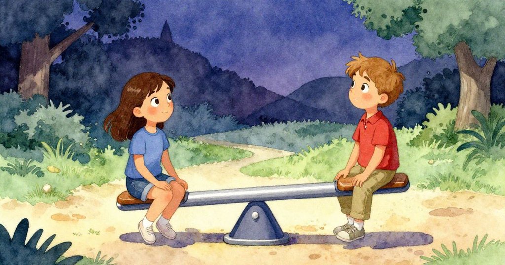 Hazel與Glen重新登上搖搖板並保持平衡,向前凝望新曙光,場景中沙跡、長椅與溫柔午後光線交織,充滿希望。