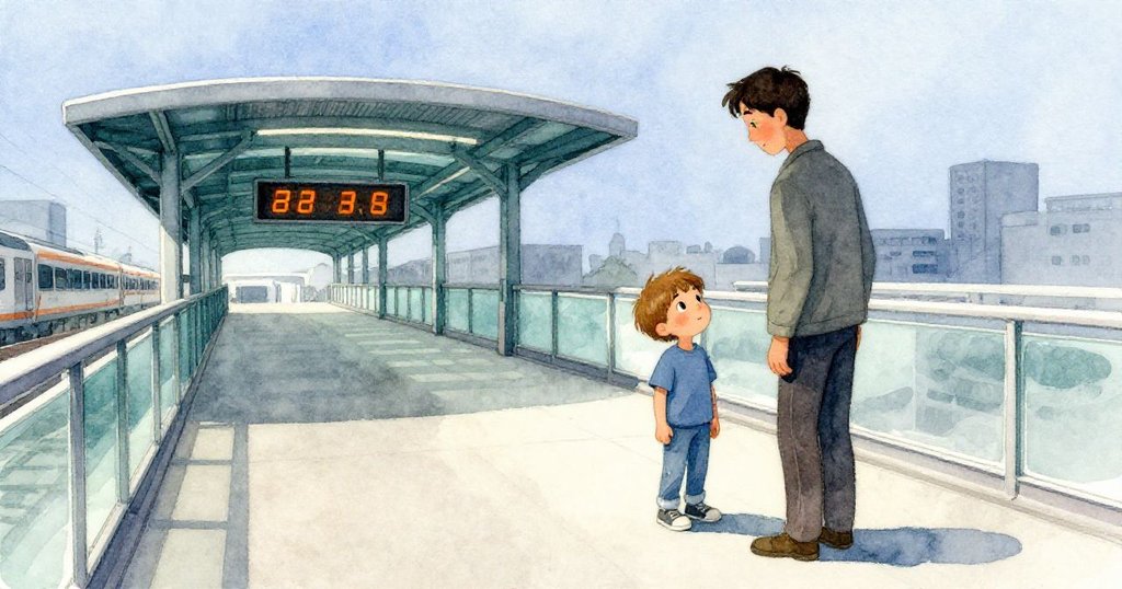 諾蘭在現代火車站的步道前，好奇地仰望閃爍的時刻顯示板，旁邊家長專注查看資訊板，環境忙碌溫暖。