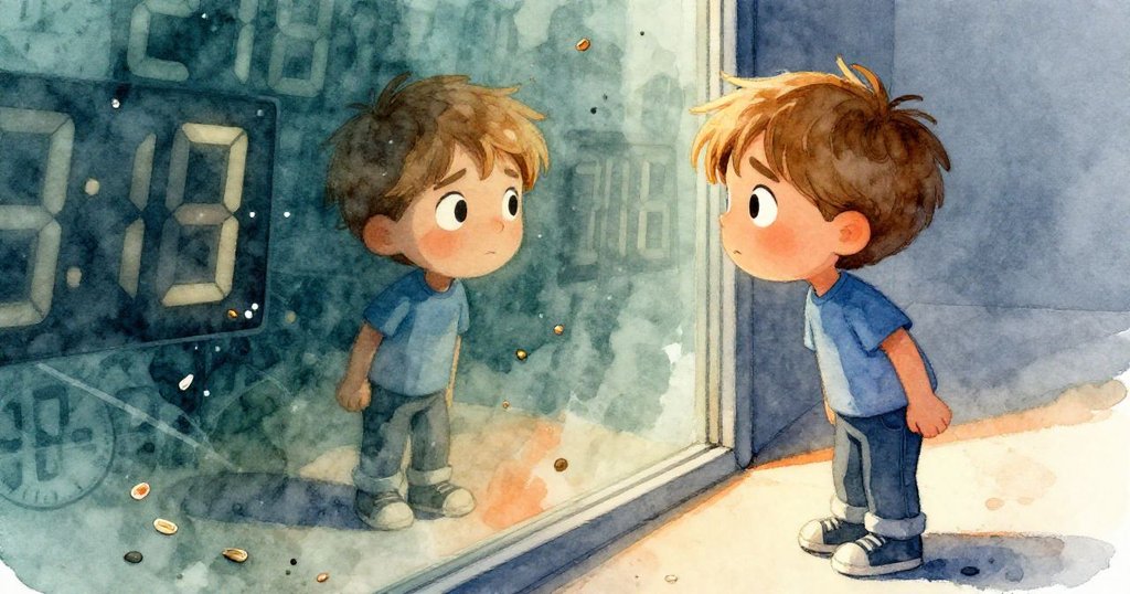 在大玻璃窗中，諾蘭專注的面孔與閃爍的數位時刻互相映照，動態光影中散落著種子，細節豐富。