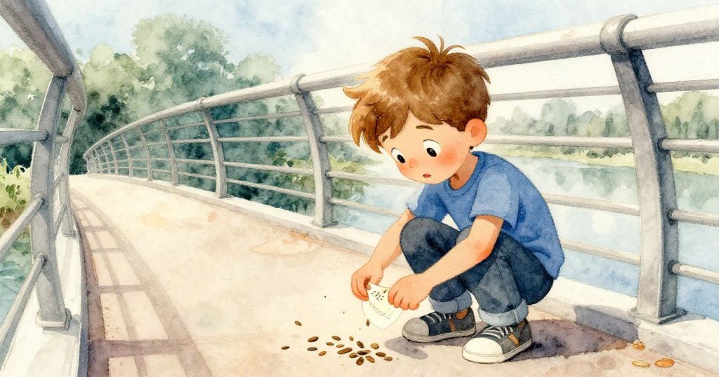 諾蘭蹲在扶手旁，使用筆記本收集散落的種子，記憶中的柔和光暈回憶起先前專注而努力的瞬間。