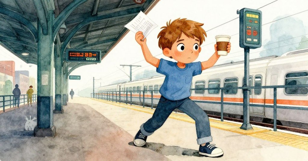 諾蘭面對突變的電告，果斷地調整筆記本與紙杯姿勢，神情堅定，背景呈現現代車站忙碌氛圍。