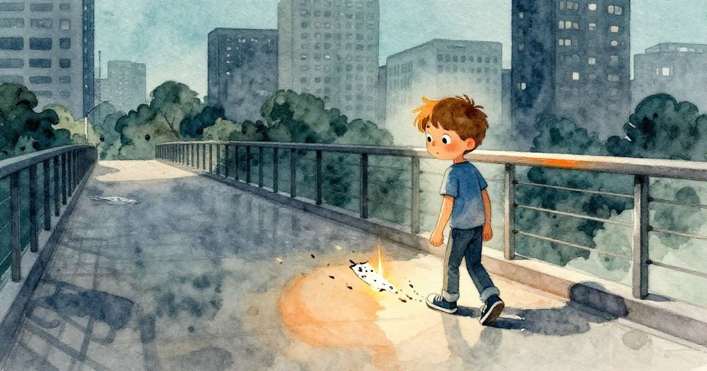 諾蘭離開步道，鞋邊留下一道閃亮的種子軌跡，筆記本上墨跡斑駁，場景充滿思索且留白無限。