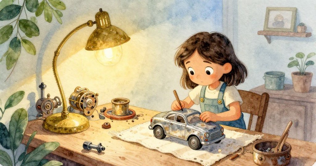 Ruby在家中工作室中，用放大燈溫暖光線下仔細調整生鏽玩具車，背景有布墊和工具，展現專注與努力。
