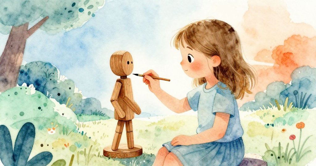 Lily在溫暖工作空間中專注上色木製小雕像，刷子輕觸顏料，展現創意與柔和情感。