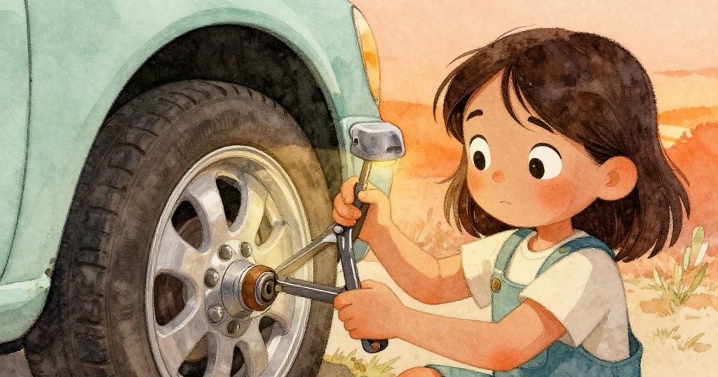 Ruby回來後仔細檢查玩具車扭曲車輪，夾具卡住金屬輪邊，她小心翼翼調整，展現專注與堅毅精神。