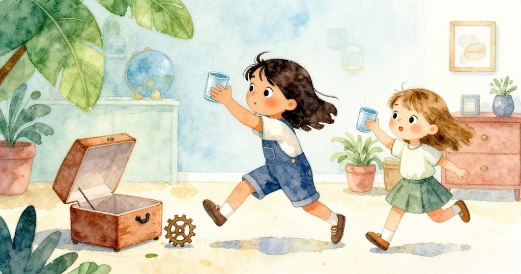 在家中混亂瞬間，帽盒滑動帶出滾動齒輪，Lily敏捷攔截旋轉齒輪並穩住水杯，情景充滿動感與驚喜。