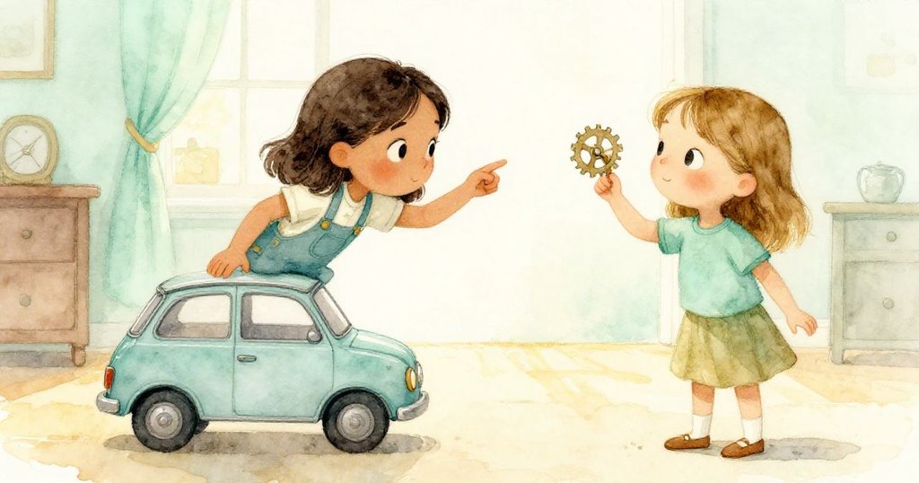 Ruby穩定著略歪的玩具車，Lily愉快地以手指旋轉小齒輪，場景溫馨解決混亂，展現合作與平靜。