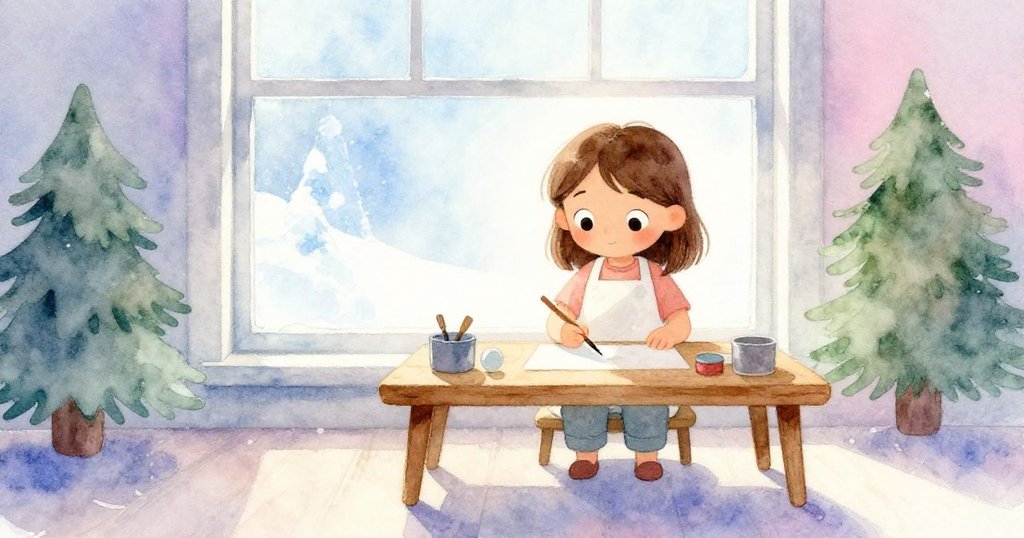 薩姬在明亮窗光下調整傾斜木板，剪影映現她專注神情，室內溫馨環境展現創作初始希望。