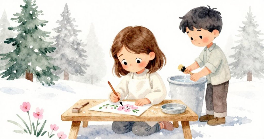 薩姬在前景細心彩繪花朵，多拉在背景溫柔沖刷畫筆，層次豐富呈現共同創作的生動畫面。