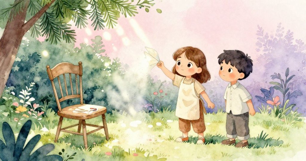 庭院柔和陽光中，翻動的紙頁釋放細塵，扶手椅與薩姬、多拉共同展現室內外藝術與自然交融之景。