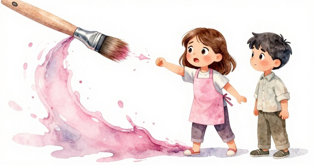 薩姬驚愕注視飛濺顏料劃過未乾花朵，瞬間情緒緊張多拉靜觀局勢變化，動感畫面生動展現創作挑戰。