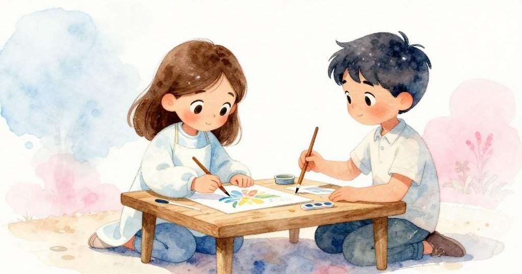 薩姬細心修整完成花朵，多拉安置潔淨畫筆，桌上溫柔紙塵飄落，悄然呼應創作旅程初始與落幕。