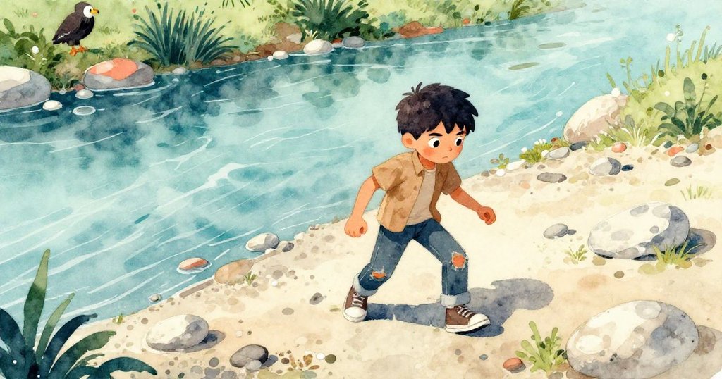 格里芬在河岸邊準備堆石,河水流動、碎石散落,陽光照耀下展現開端與動作專注的場景。