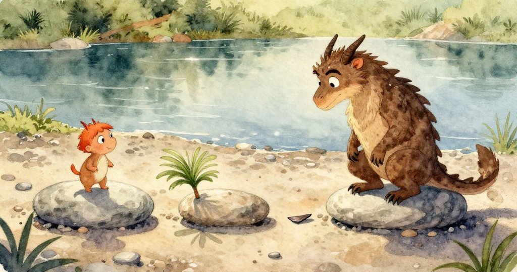 從格里芬視角觀看,堆疊達胸高的石塔上方有熱氣朦朧,展現專注與逐步發展的過程。