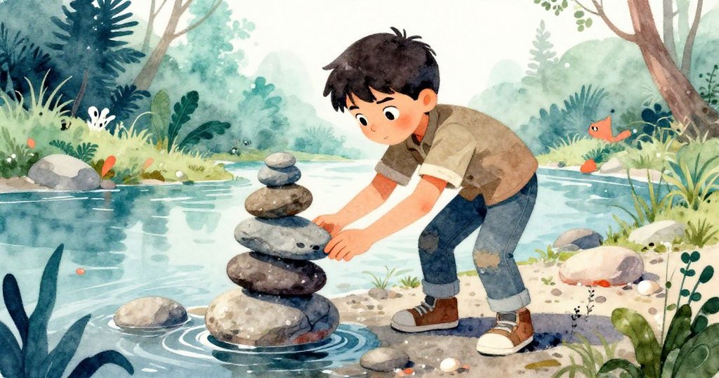 格里芬神情沉思彎腰選擇濕冷大石,試圖平衡傾斜石塔,場景展現決斷與細膩觸感。