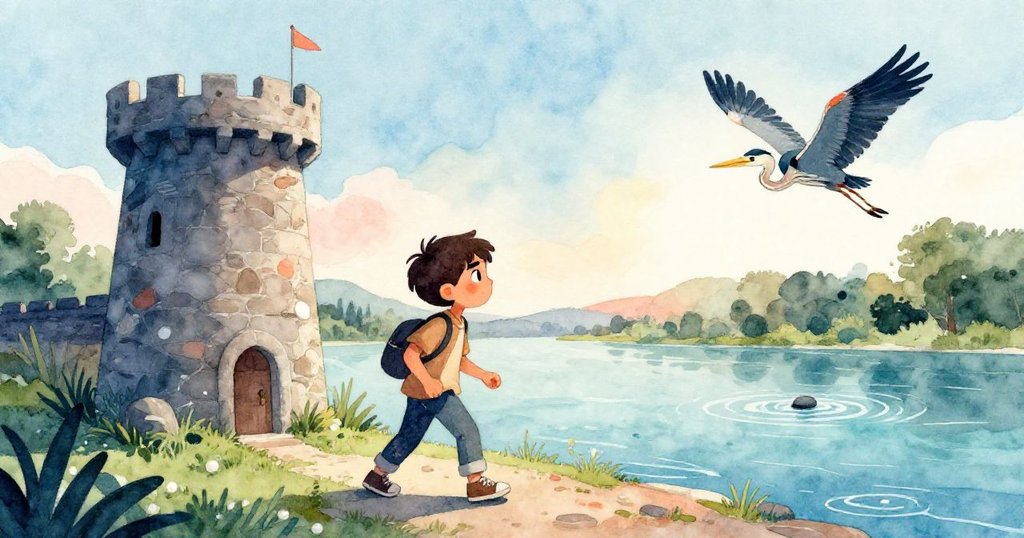 格里芬望著穩固石塔,背景中鷺鳥悠然飛過,遠處水波與跳石暗示持續冒險,呈現平靜與延續。