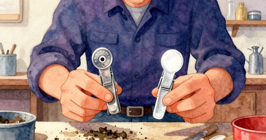 戴爾細心比較兩個夾子，一個沾泥一個清潔，工坊中手部特寫呈現技藝與專注情緒