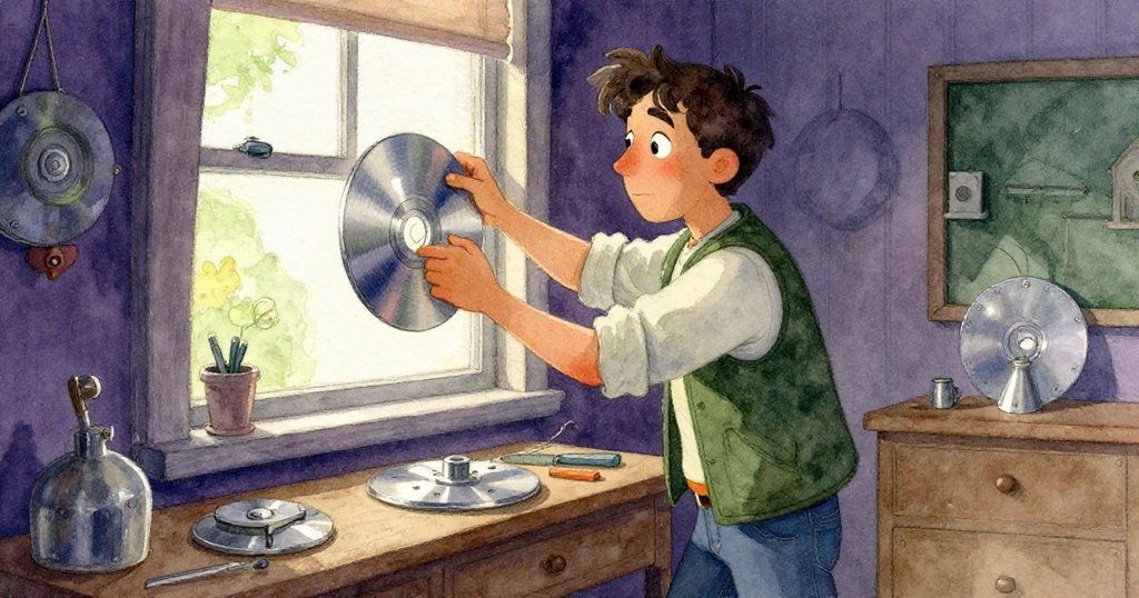 阿莫斯站在窗邊調整圓盤，窗外柔和光線映入室內，呈現專注與期待的情感發展