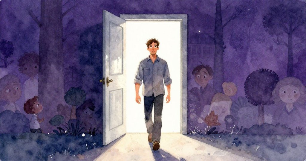 戴爾堅定走向開放大門，離開安靜場館迎向新旅程，畫面寬廣展現希望與未來可能