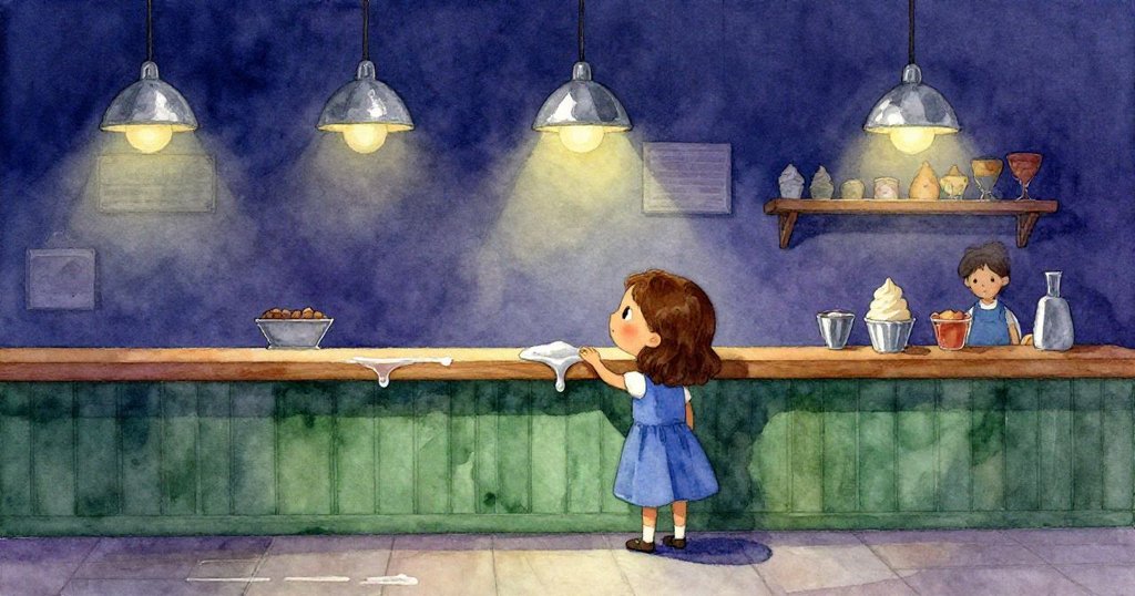 Frida在溫暖照明的冰淇淋店中輕觸木製架子，神情好奇且平靜，背景深藍與森林綠色交織。