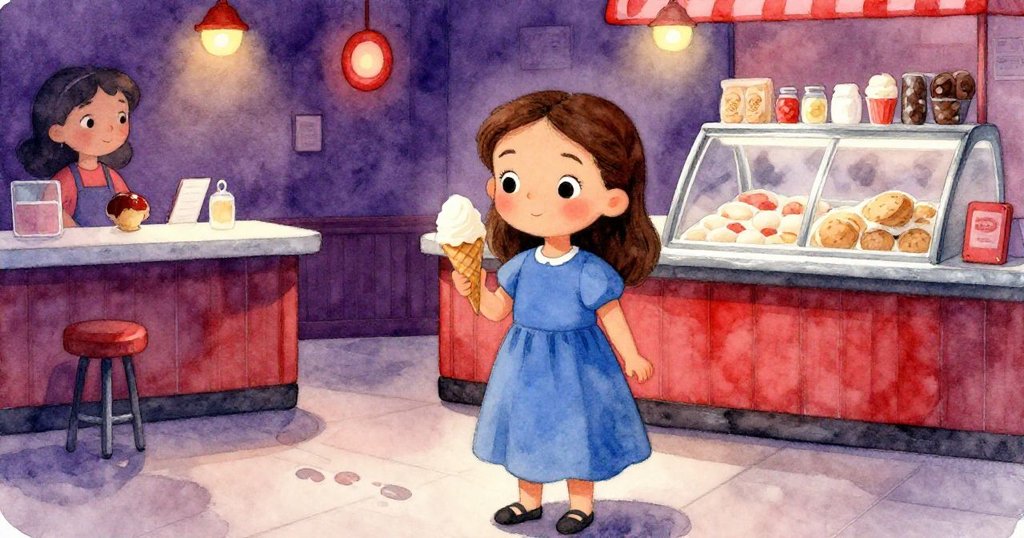 Frida手持冰淇淋邊期待Kit到來，展現專注表情，溫暖燈光下步伐清晰，地面光影交錯。