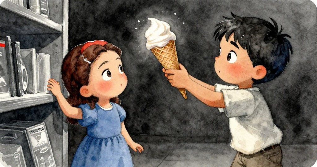 Kit一瞬間調整傾斜的冰淇淋，Frida輕拍架板，掌心緊握著甜點關鍵時刻。