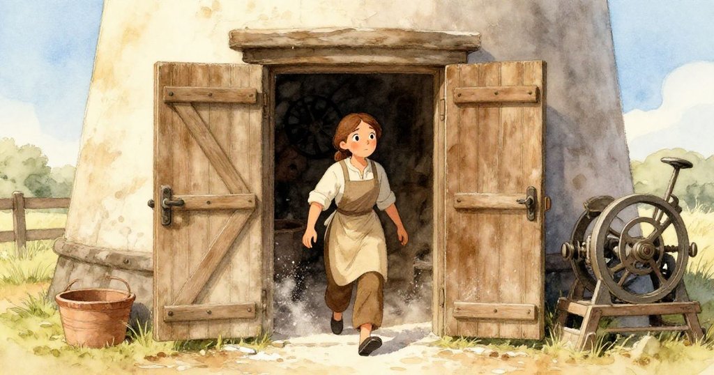 薇拉推開舊磨坊大門走入室內,面帶期待與興奮,晨光灑落木地板上,背景展示繁忙機器與飛揚麵粉。