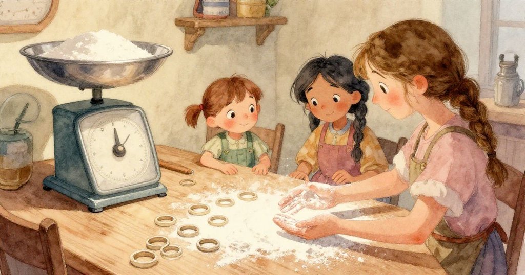 薇拉的手輕觸顯示細節的麵粉秤,盤中的細環與晃動指針在晨光中展現精準動作與溫暖質感。