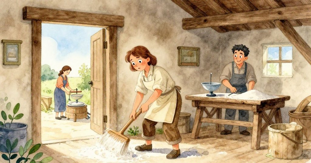 朱德站在微開門邊輕掃飄散麵粉,背景中薇拉專注操作秤盤,場景充滿溫暖與默契合作的氛圍。