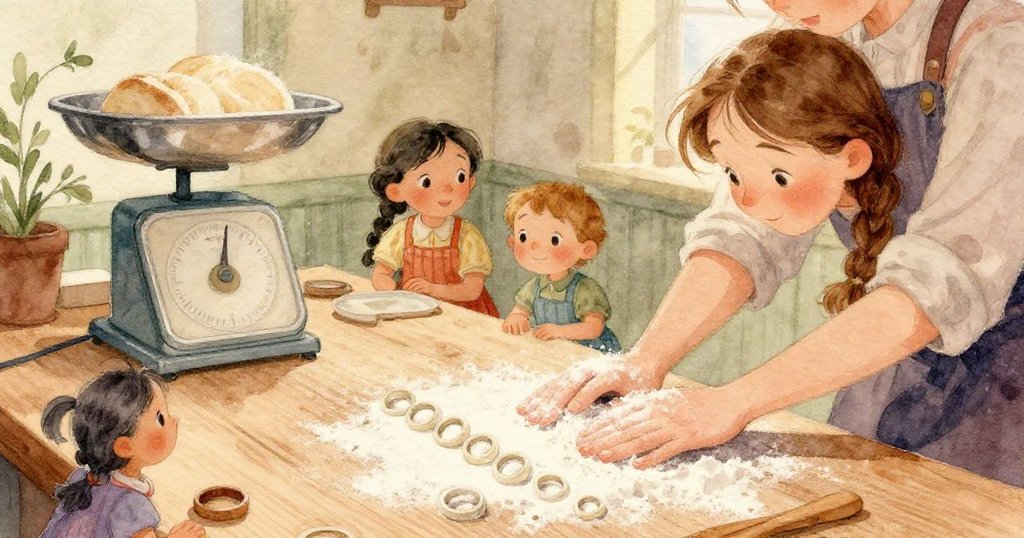 窗外明亮草地中,綠草與一朵搖曳雛菊在晨光中生動展現,大自然靜謐氣息與磨坊形成鮮明對比。