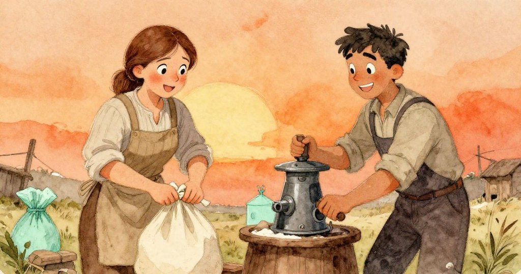 薇拉在磨坊中結束秤粉動作,與朱德協同操作,兩人面帶喜悅與成就感,溫暖夕陽映襯下充滿團隊默契。