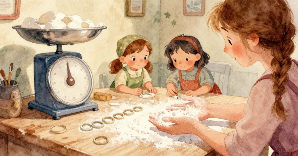 古舊磨坊地板上散落著溫暖麵粉,一片雛菊花瓣靜臥於破舊磨石上,營造出詩意且靜謐的結局。