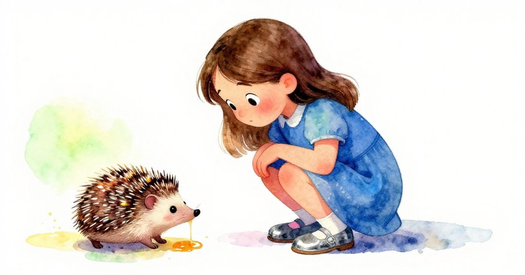 泰絲蹲下仔細觀察，刺蝟在暖光中緩步移動，鞋旁散落物件映出空白空間的寧靜。