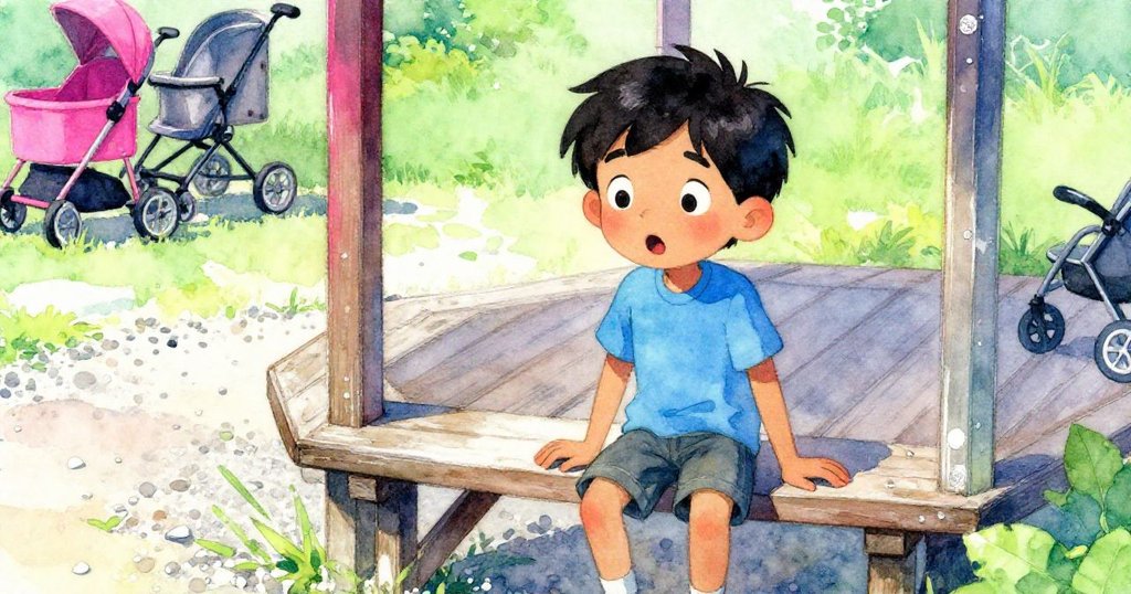 歐文靠在涼椅上驚訝凝視，斑駁石子間腳步聲引出隱秘角落生動景致。