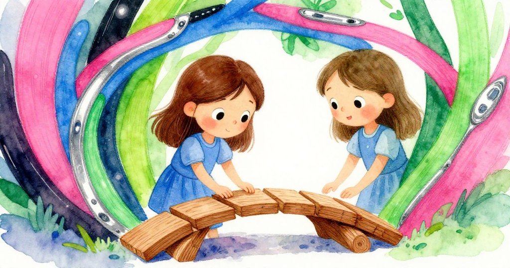 泰絲組合木板、攪拌棒與紙板搭橋，現實與想象交織出創造與冒險的雙重畫面。