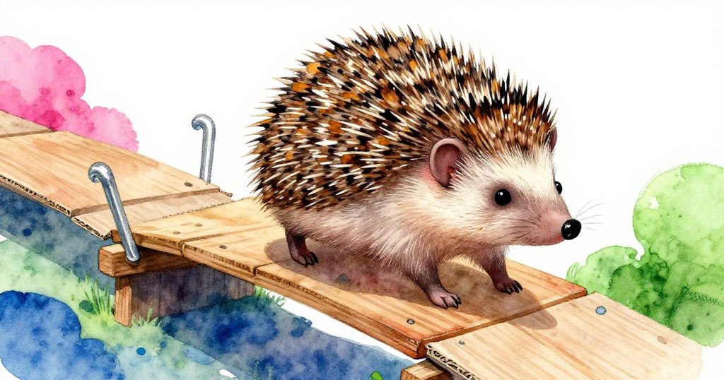 刺蝟小心跨過拼成的微型橋樑，金色光影映襯下每步動作充滿探索與堅持。