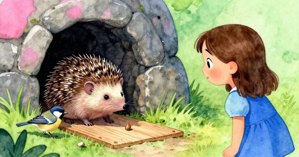 刺蝟漸隱於石縫暗角，雀鳥輕拋餅屑象徵新生，泰絲滿懷希望觀察結局瞬間。