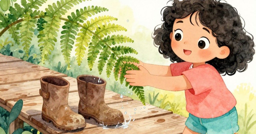 Kay專注地撥開青苔蕨葉,水珠在舊木板上閃爍,細膩紋理呈現冒險繼續。