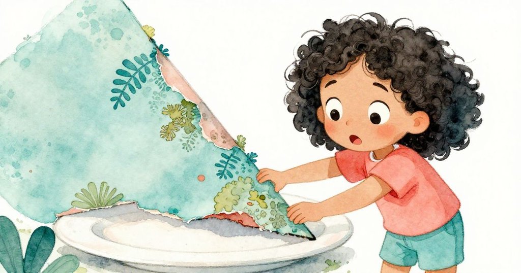 Kay驚喜地發現盤子上隱藏的三角形邊緣,表情堅定細看剝落地衣苔,充滿探索精神。